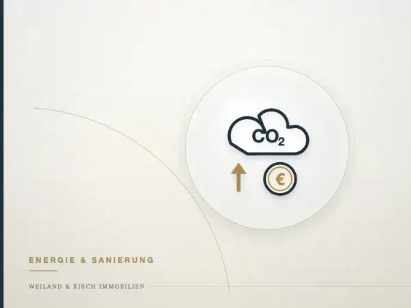 Illustration: CO₂-Wolke mit steigendem Preis, Symbol für den CO₂-Preis und den Immobilienwert