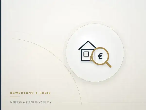 Illustration: Haus mit Lupe und Euro-Zeichen, Symbol für die Immobilienbewertung