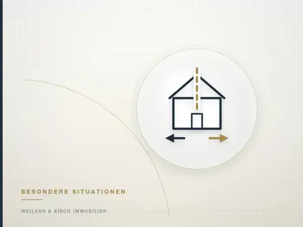 Illustration: Haus mit Trennlinie und zwei Pfeilen, Symbol für den Immobilienverkauf bei Scheidung